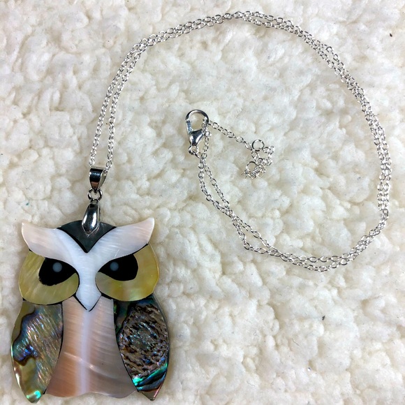 Owl abolone shell pendant necklace in many colors, beautiful on silver chain - Picture 5 of 8